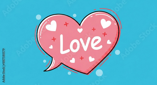 Pink heart speech bubble with love text on blue background cute cartoon style valentine's day concept