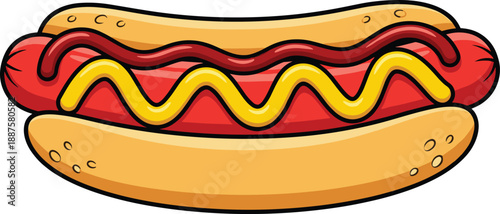 Delicious grilled hot dog cartoon vector illustration with yellow mustard and red ketchup on a soft bun isolated on white