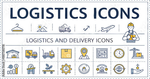 Logistics and delivery icon set illustrates global supply chain management and transportation.
