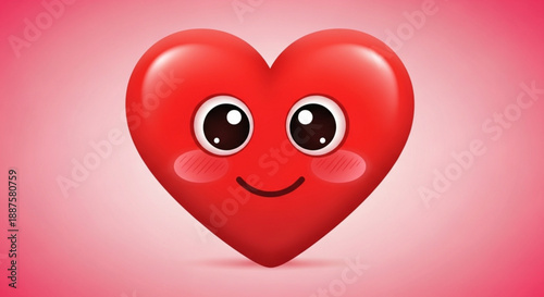 Smiling heart with big eyes and rosy cheeks on pink gradient background symbolizing love and happiness
