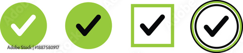Set of green checkmark icons and tick symbols in circular and square frames isolated on white background for success validation
