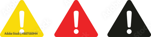 Set of yellow red and black triangle warning icons with exclamation marks isolated on white background for safety alerts and interface