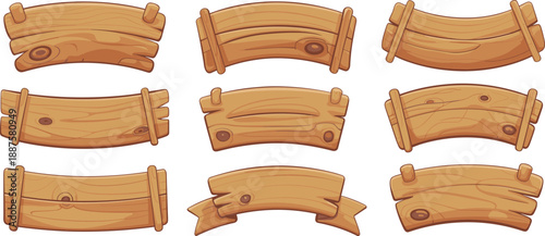 Set of rustic wooden planks and cartoon banner signs with wood grain texture isolated on white background for game interface