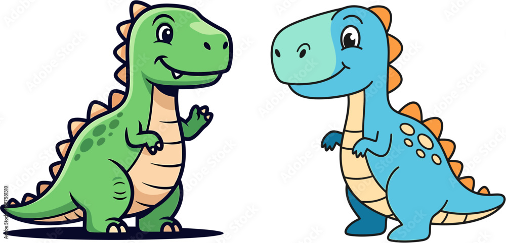 Obraz premium Cute cartoon dinosaurs, a green T-Rex and a blue Diplodocus, smiling and waving with their tiny arms