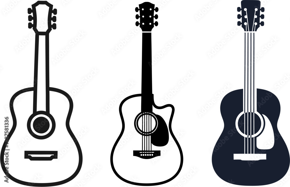 Obraz premium Collection of three different acoustic guitars illustrated in a simple, modern, black and white graphic style, showcasing their distinct shapes and features