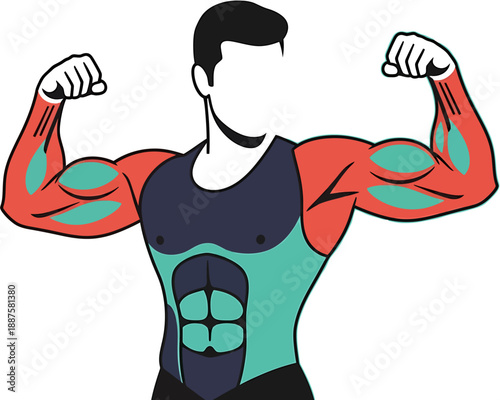 Dynamic vector illustration of a strong, faceless man proudly flexing his well-defined biceps and chiseled abdominal muscles, symbolizing strength, fitness, and a dedication to a healthy lifestyle