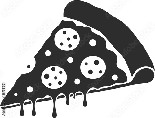 An appetizing monochrome graphic illustration featuring a single slice of pizza with luscious, melting cheese and pepperoni, symbolizing deliciousness and comfort food cravings