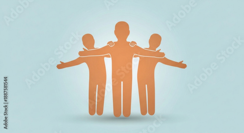 Three orange paper cutout people standing together with arms outstretched on light blue background symbolizing teamwork and unity