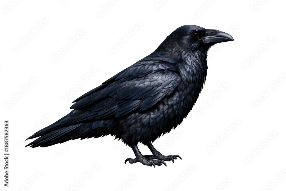 Obraz premium Raven bird standing, featuring dark plumage and a sharp beak, projecting intelligence, mystery, and ancient folklore on a transparent background
