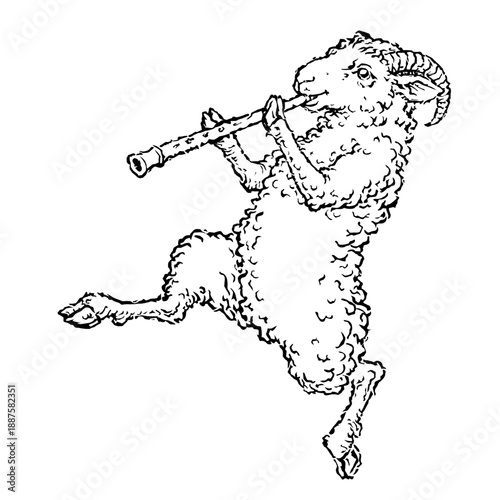 Medieval Marginalia Style Ram Playing Flute in Absurd Naive Manuscript Illustration