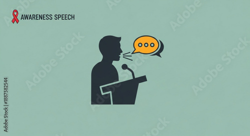 Man giving awareness speech from podium with speech bubble symbolizing public speaking and social cause advocacy