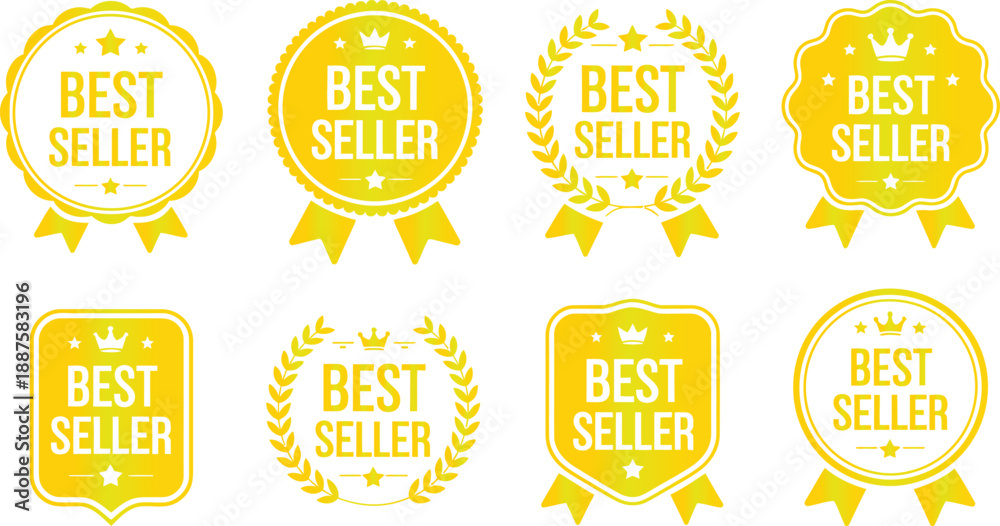 Obraz premium Set of Yellow Best Seller Badge Icons with Ribbons Crowns and Laurel Wreaths for Product Marketing E-commerce Trust Seals and Retail Awards