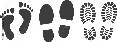 Black Footprint and Shoe Print Icon Set with Barefoot Human Tracks and Boot Sole Patterns for Investigation Outdoors and Activity Tracking Design