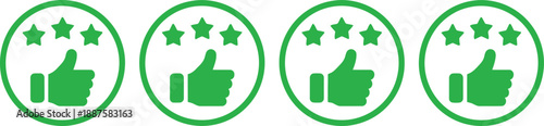 Green Thumbs Up Icon Set with Three Stars for Customer Satisfaction Positive Feedback and High Quality Product Rating Badge Symbols
