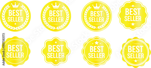 Gold Best Seller Badge Set with Golden Crowns and Laurel Wreaths for Premium Product Branding and E-commerce Trust Certification Labels