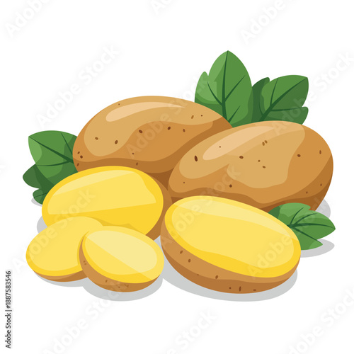 Fresh potatoes with leaves and slices