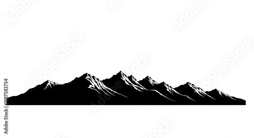 A distant view of majestic mountains with snow-capped peaks, silhouette illustration.