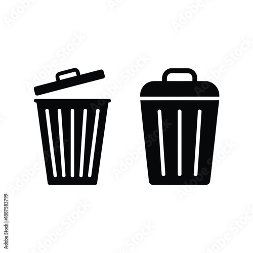 Two black trash cans with different lid positions