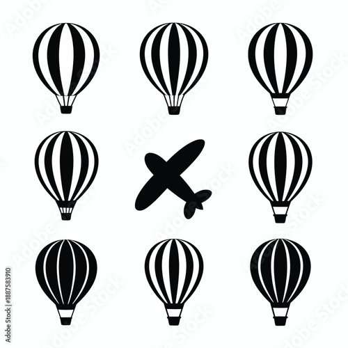 Airplane among hot air balloons illustration