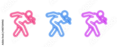 Neon glowing singer vector icons set, vocalist, performer, microphone, karaoke, music, concert, glowing outline, vibrant colorful digital design illustration on transparent background.