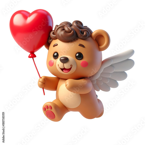 Cartoon Teddy Bear Cupid with Red Heart Balloon on Transparent
