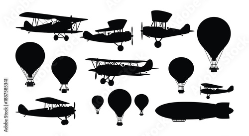 Vintage aircraft and balloons a collection of silhouettes in black and white