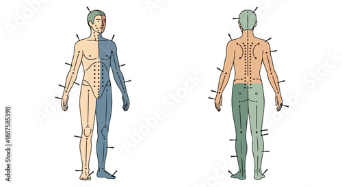 Human Body Dermatome Map Front and Back View Vector Illustration