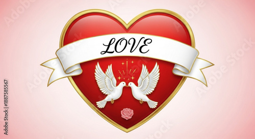 Red heart with white doves and love banner on pink background symbolizing love and romance