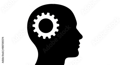 Silhouette of a human head in profile with a cogwheel in the brain, representing thought process and innovation