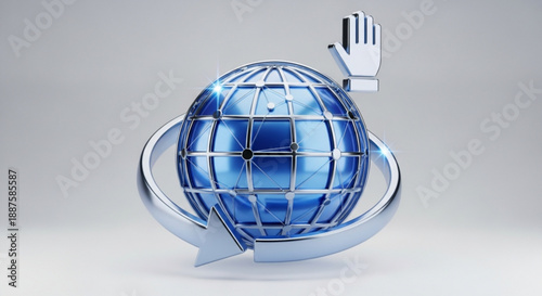 Blue metallic globe with fork and knife wrapped around symbolizing global dining or international cuisine on a gray background