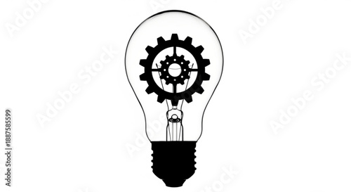 A black and white illustration of a lightbulb containing a complex gear mechanism, symbolizing innovative ideas and technological advancements.