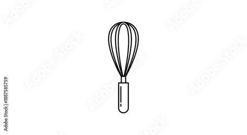 Simple line drawing of a whisk, a kitchen utensil used for mixing ingredients, viewed from the side with a minimalist design.