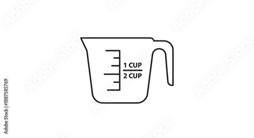 Simple black line drawing of a measuring cup on a plain background from a straightforward viewpoint