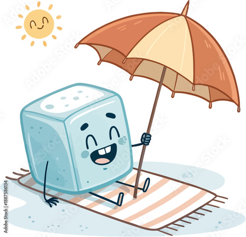 Cartoon ice cube relaxing on beach towel under umbrella, summer vacation, cool