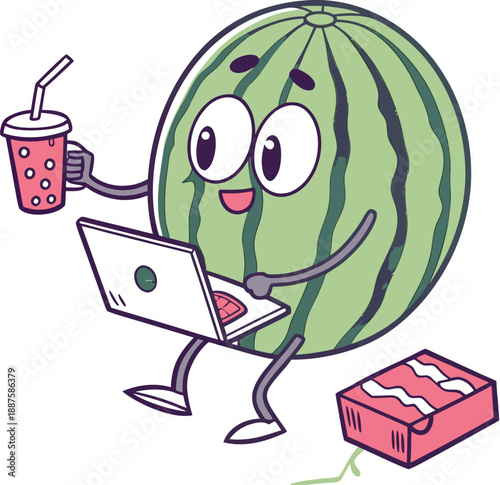 Happy cartoon watermelon working on laptop with drink, technology, productivity concept