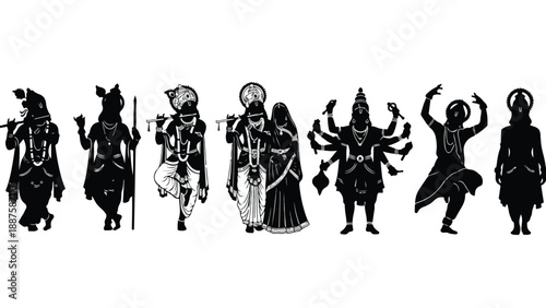 Set of 8 Black Hindu God and Goddess Silhouettes Vector
