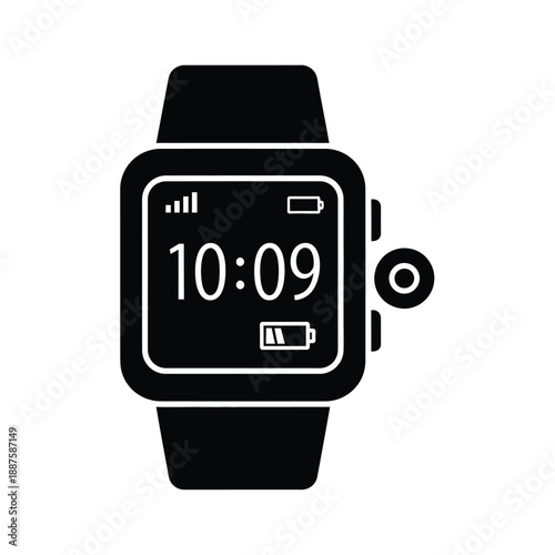 Black icon representing a smart watch displaying time battery and signal