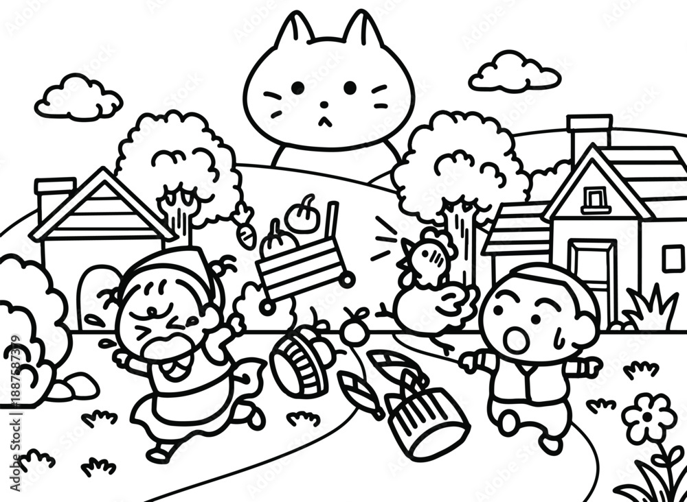 Naklejka premium Giant Cat Invasion and The Panic in the Little Village