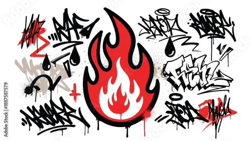 Set of graffiti spray element vector. Collection of colorful symbol, scribble, stroke, arrow, heart, star, fire, bear. Element on white background