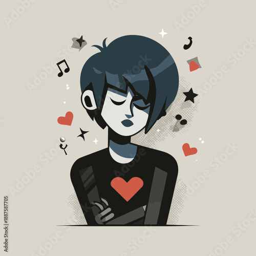 Emo Teenager Lost in Thought with Music and Hearts