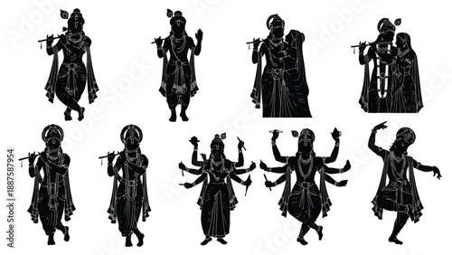 Set of 10 Black Silhouette Hindu Deities Vector Icons