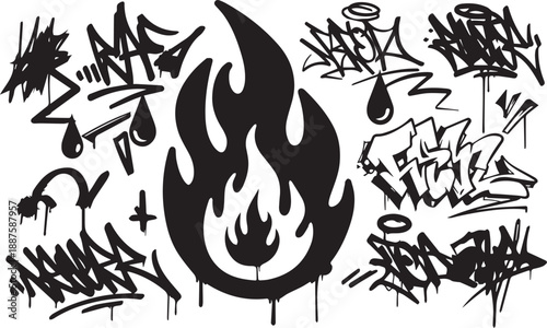 Set of graffiti spray element vector. Collection of colorful symbol, scribble, stroke, arrow, heart, star, fire, bear. Element on white background