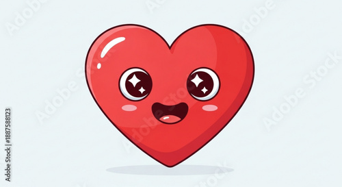 Smiling cartoon heart with big eyes and rosy cheeks on a light gray background conveying love and happiness in a playful digital illustration