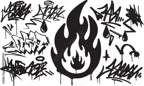 Set of graffiti spray element vector. Collection of colorful symbol, scribble, stroke, arrow, heart, star, fire, bear. Element on white background
