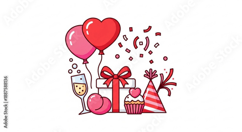 Colorful valentine's day celebration with gifts balloons and festive treats on white background