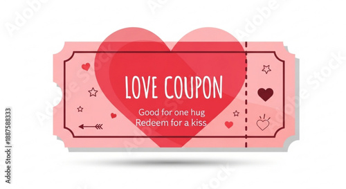 Valentine's day love coupon card with heart and redeemable hug and kiss promises on pink ticket