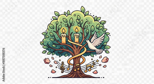 Tree with musical notes candles and dove symbolizing peace harmony and nature