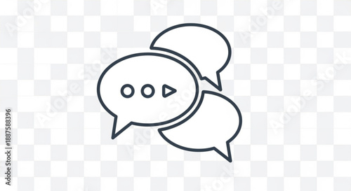 Simple black line art illustration of three speech bubbles with a play button representing communication discussion and multimedia messaging in a modern minimalist design