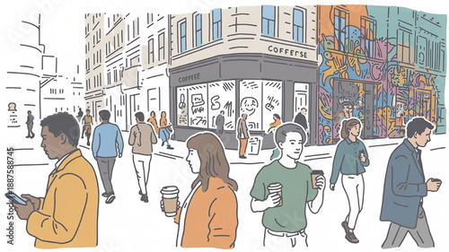 Diverse people walking on a city street with coffee and phones urban lifestyle illustration with graffiti art on building concept for daily commute and modern life