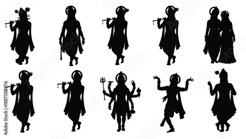 Set of 10 Hindu gods and goddesses black silhouette vector icons